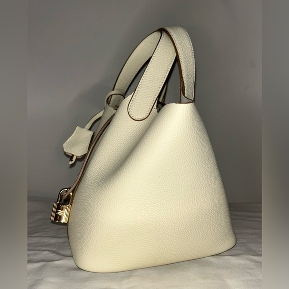 Picotin 18 PM Inspired Leather Bucket Bag Cream Ivory Nata White Gold Hardware - Picture 5 of 7